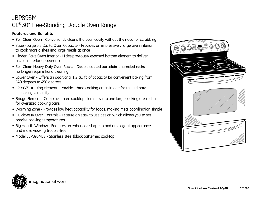 GE JBP89SM dimensions GE 30 Free-StandingDouble Oven Range, Features and Benefits 