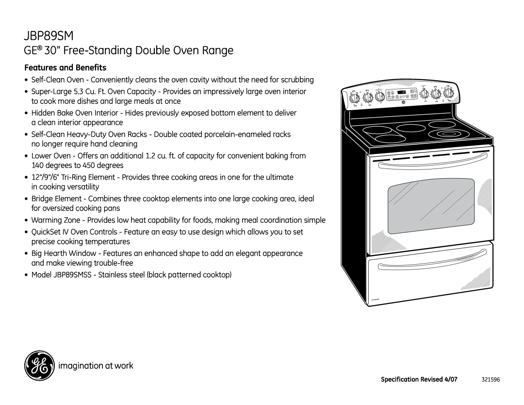 GE JBP89SMSS installation instructions GE 30 Free-StandingDouble Oven Range, Features and Benefits 