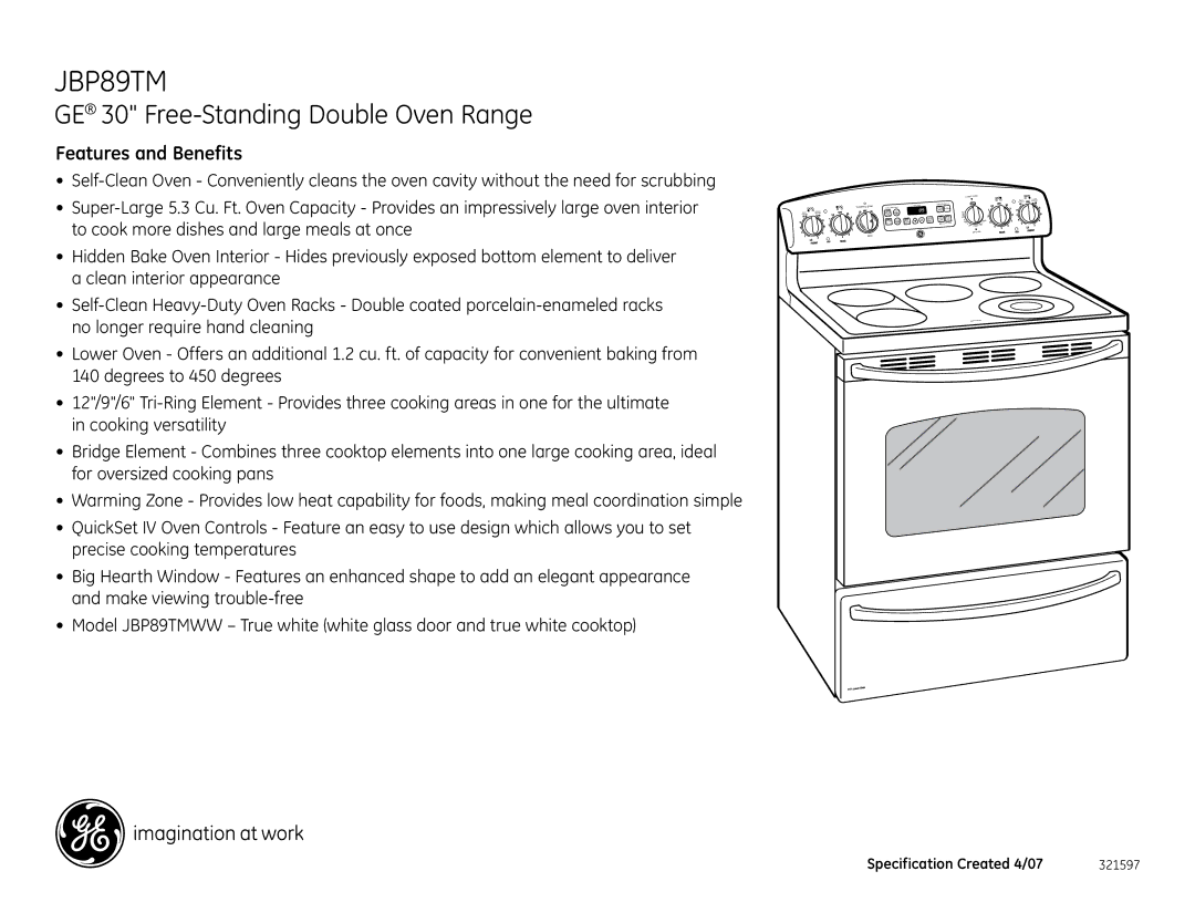 GE JBP89TMWW dimensions Features and Benefits 