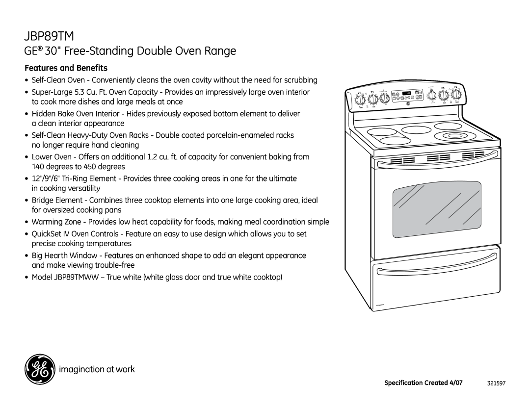 GE JBP89TMWW dimensions GE 30 Free-StandingDouble Oven Range, Features and Benefits 