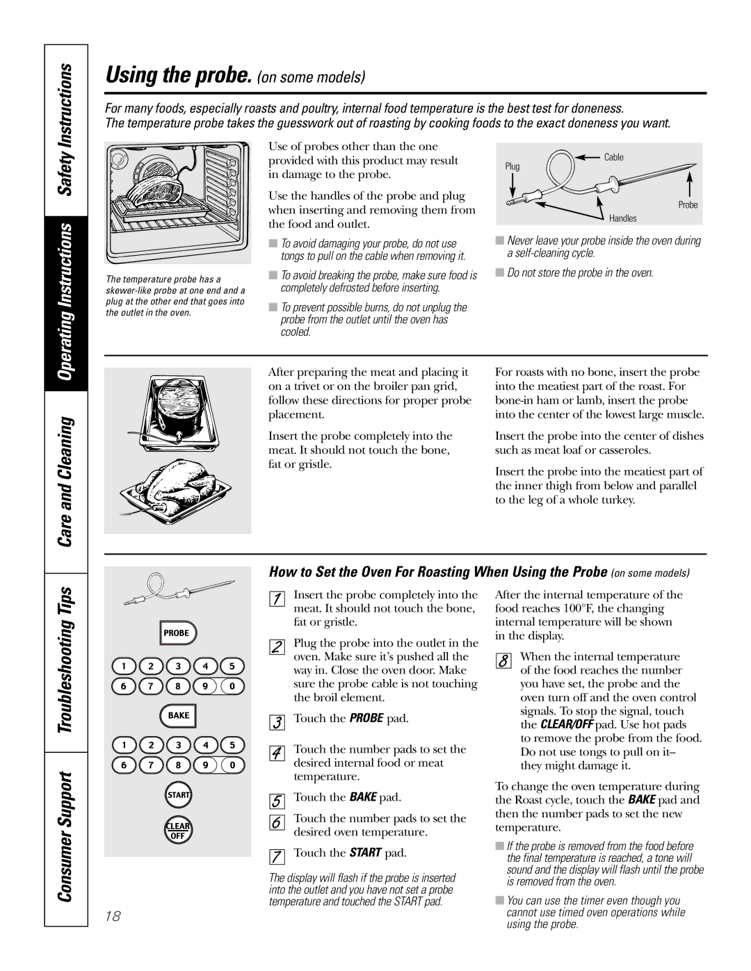 GE JBP90 owner manual Do not store the probe in the oven, Using the probe. on some models 