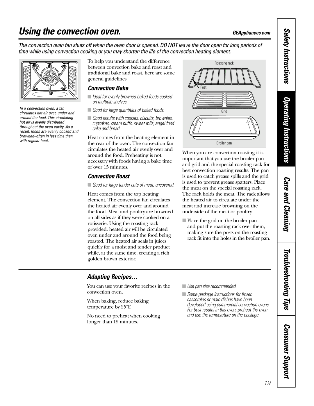 GE JBP90 Using the convection oven, Convection Bake, Convection Roast, Adapting Recipes…, Use pan size recommended 