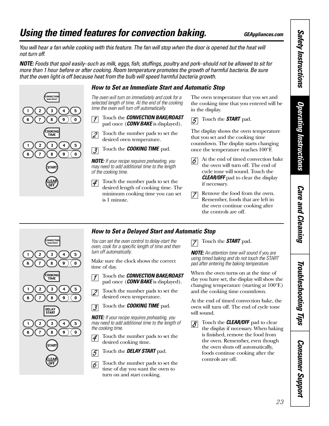 GE JBP90 owner manual Using the timed features for convection baking, Operating Instructions Care and Cleaning 