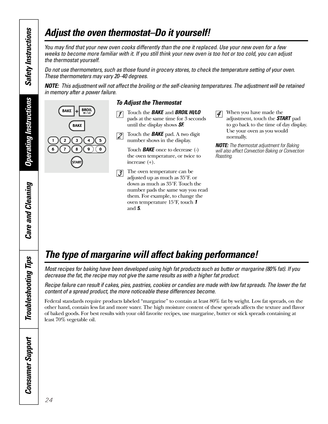 GE JBP90 Adjust the oven thermostat-Do it yourself, Type of margarine will affect baking performance, Safety Instructions 