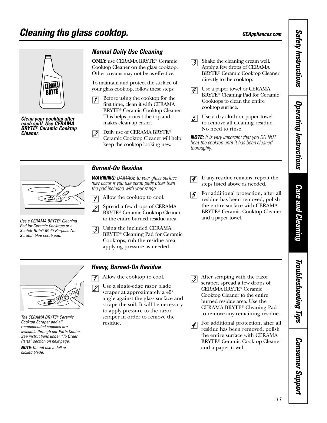 GE JBP90 owner manual Cleaning the glass cooktop, Normal Daily Use Cleaning, Heavy, Burned-On Residue 