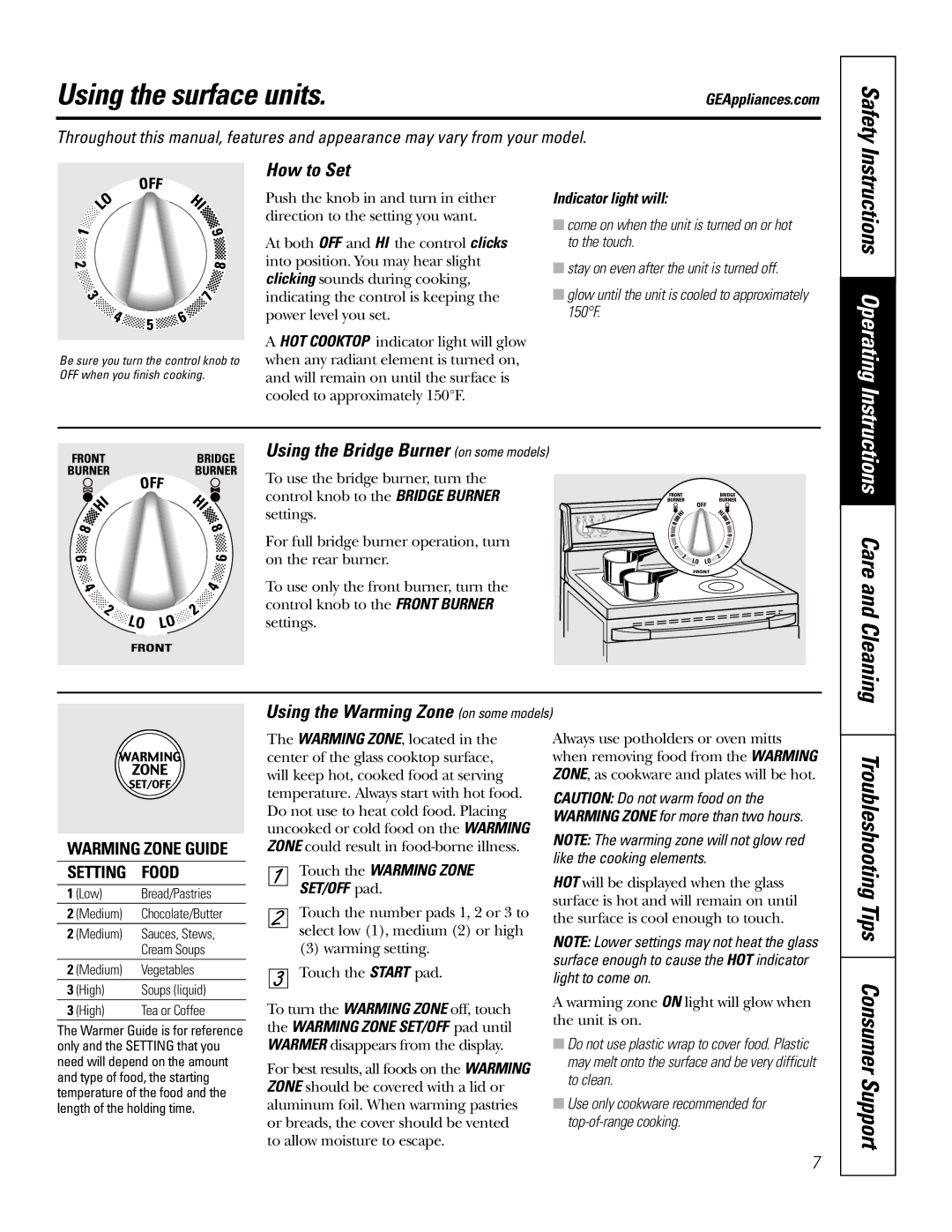 GE JBP90 owner manual Using the surface units, Safety, Care and Cleaning, Troubleshooting Tips Consumer Support 