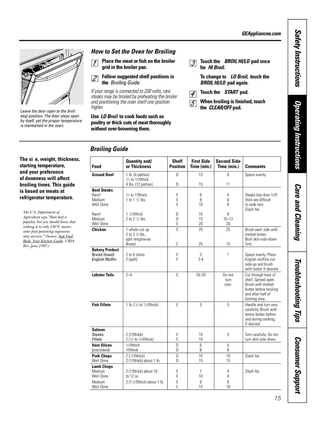 GE JBP91 Instructions Operating, Safety, How to Set the Oven for Broiling, Broiling Guide, Broil HI/LO pad again 