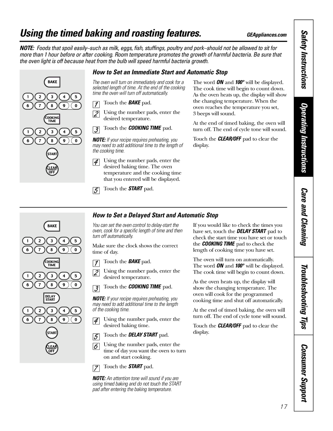 GE 164D4290P075-1 Using the timed baking and roasting features, Support, How to Set an Immediate Start and Automatic Stop 