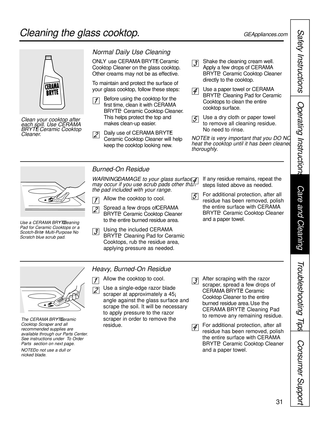 GE 49-80117-1, JBP91, 164D4290P075-1 Cleaning the glass cooktop, Normal Daily Use Cleaning, Heavy, Burned-On Residue 