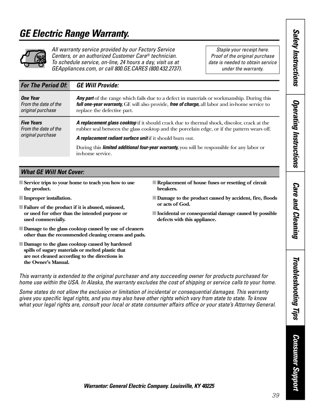 GE JBP91, 49-80117-1, 164D4290P075-1 owner manual GE Electric Range Warranty, GE Will Provide, What GE Will Not Cover 