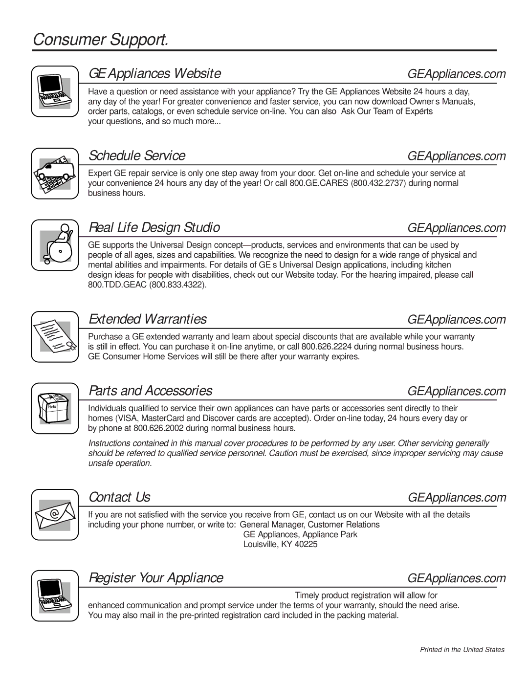 GE 49-80117-1 Consumer Support GE Appliances Website, Schedule Service, Real Life Design Studio, Extended Warranties 