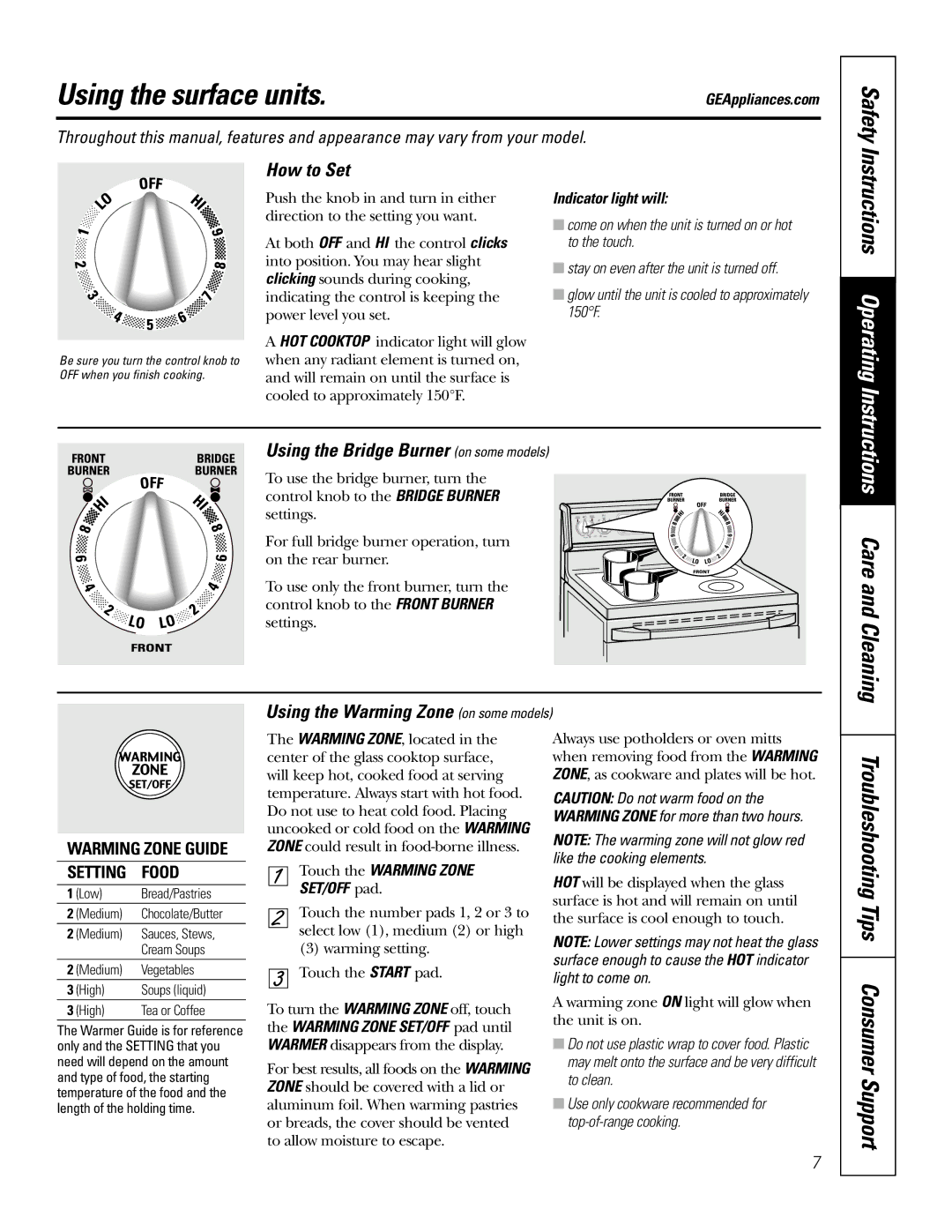 GE 49-80117-1, JBP91 owner manual Using the surface units, Safety, Care and Cleaning, Troubleshooting Tips Consumer Support 