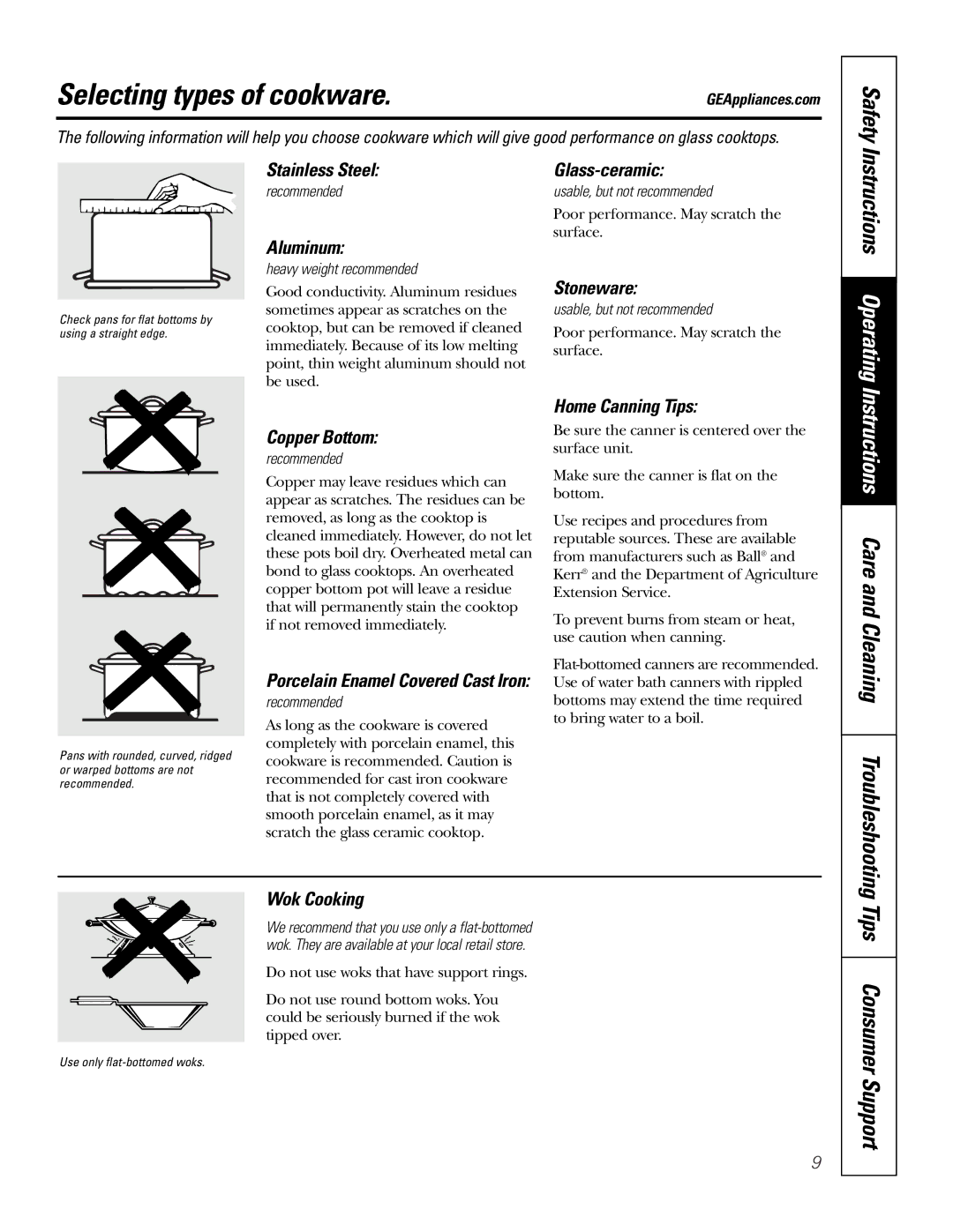 GE JBP91, 49-80117-1, 164D4290P075-1 owner manual Selecting types of cookware, Tips Consumer Support 