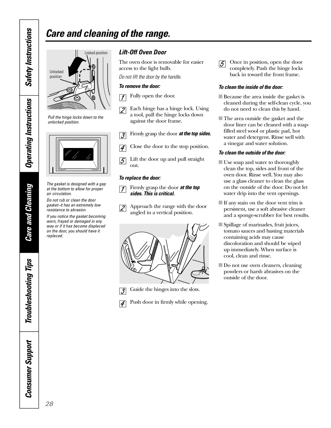 GE 49-80117-1 Tips Care and Cleaning Operating Instructions Safety, Consumer Support Troubleshooting, Lift-Off Oven Door 