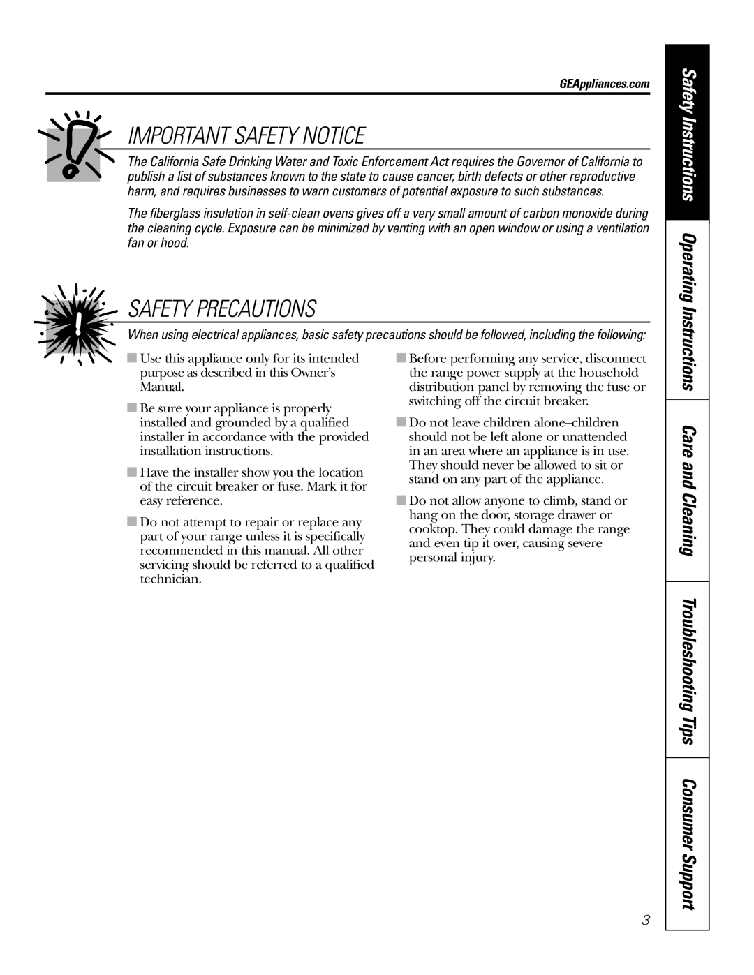 GE JBP91, 49-80117-1 Important Safety Notice, Safety Precautions, Care and Cleaning Troubleshooting Tips Consumer Support 