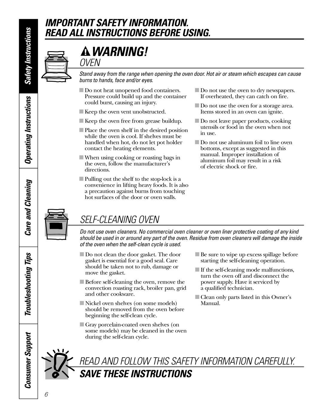GE JBP91 Self-Cleaning Oven, Save These Instructions, Care, and Cleaning Operating Instructions, Safety Instructions 