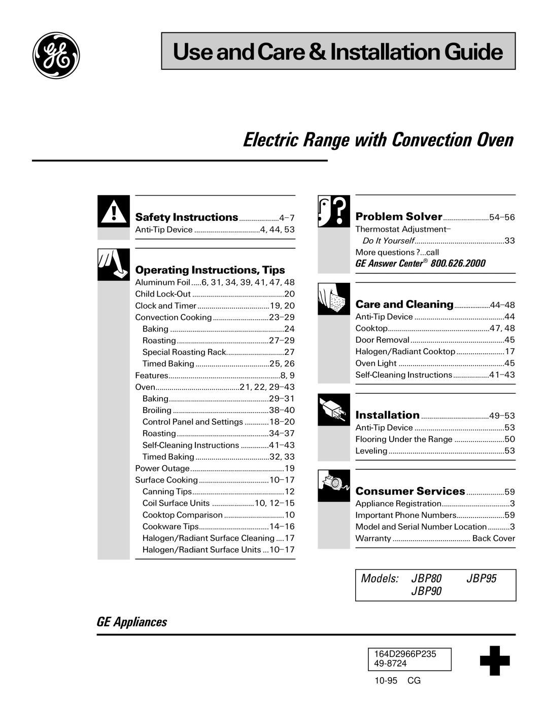 GE JBP95 warranty UseandCare& Installation Guide 