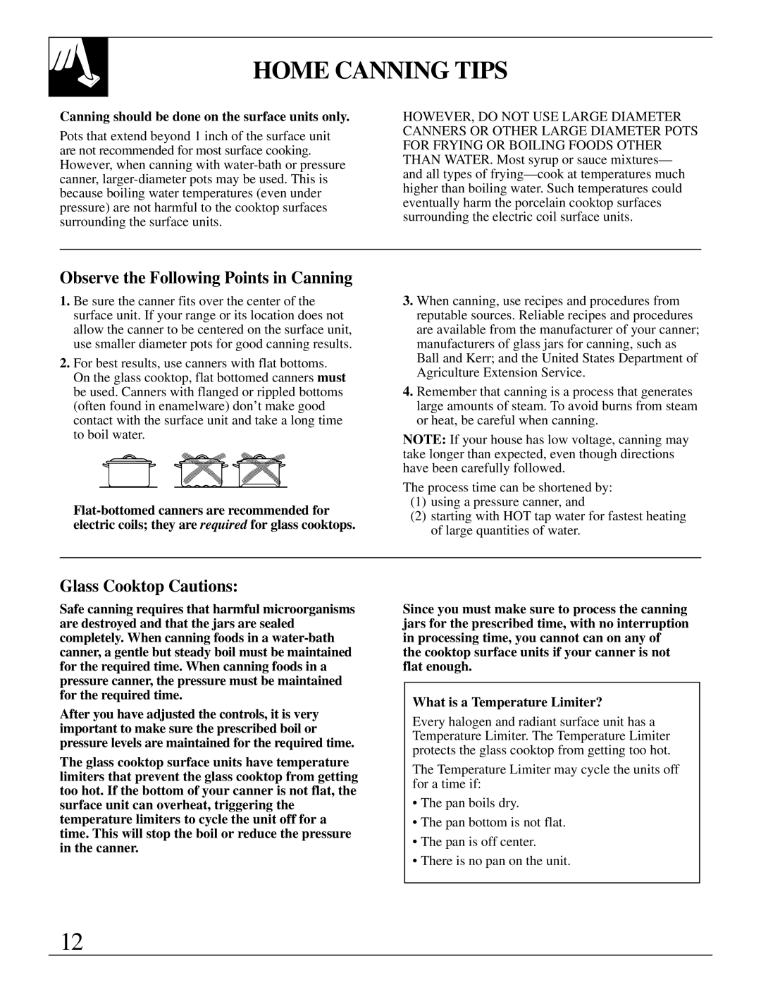 GE JBP95 warranty Home Canning Tips, Observe the Following Points in Canning, Glass Cooktop Cautions 