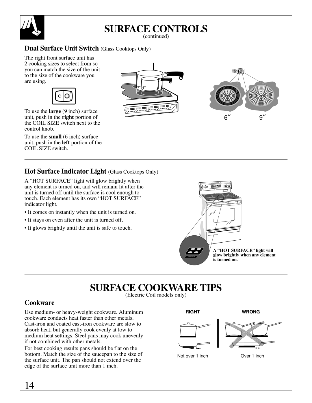 GE JBP95 warranty Surface Cookware Tips, Dual Surface Unit Switch Glass Cooktops Only 