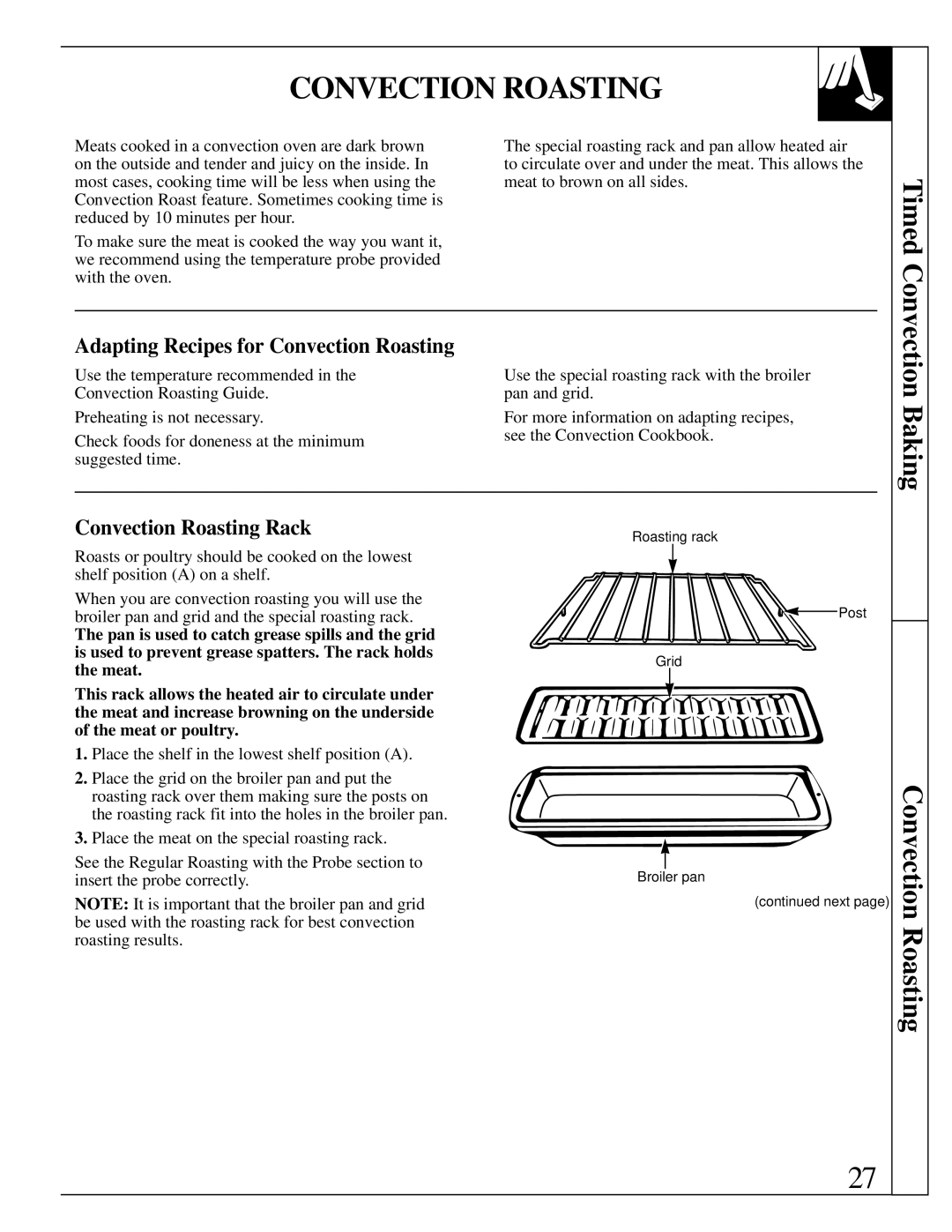 GE JBP95 warranty Baking, Adapting Recipes for Convection Roasting, Convection Roasting Rack 