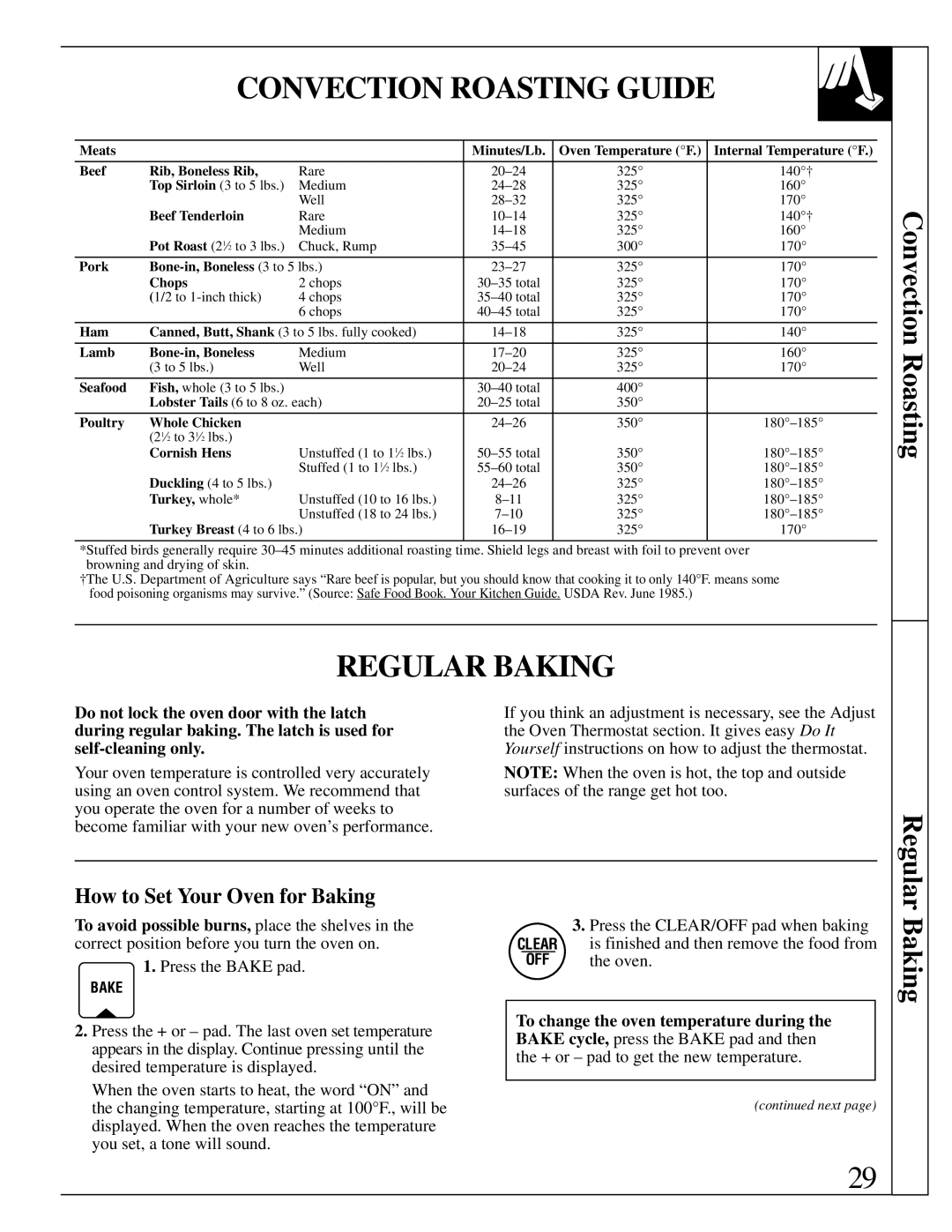 GE JBP95 warranty Convection Roasting Guide, Regular Baking, How to Set Your Oven for Baking 