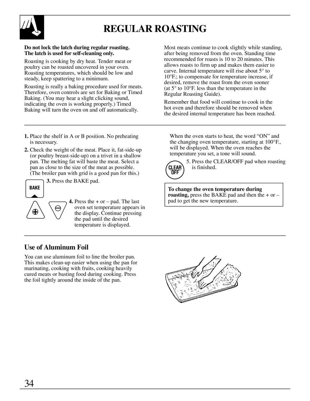 GE JBP95 warranty Regular Roasting, Use of Aluminum Foil 