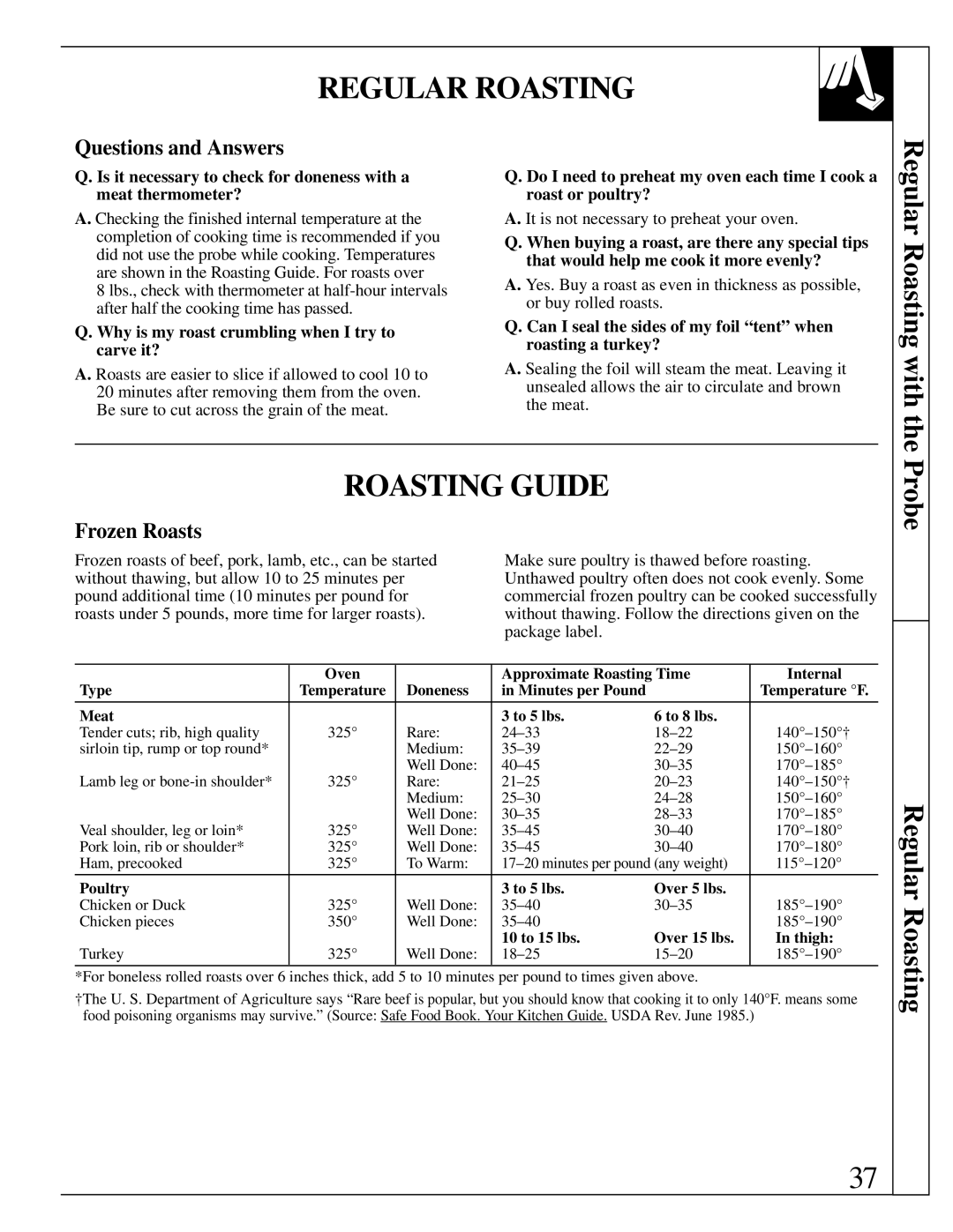 GE JBP95 warranty Roasting Guide, Regular Roasting with, Questions and Answers, Frozen Roasts 