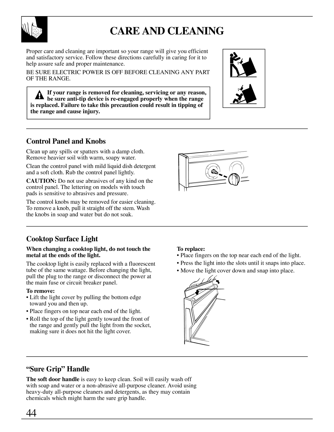 GE JBP95 warranty Care and Cleaning, Control Panel and Knobs, Cooktop Surface Light, Sure Grip Handle, To remove 