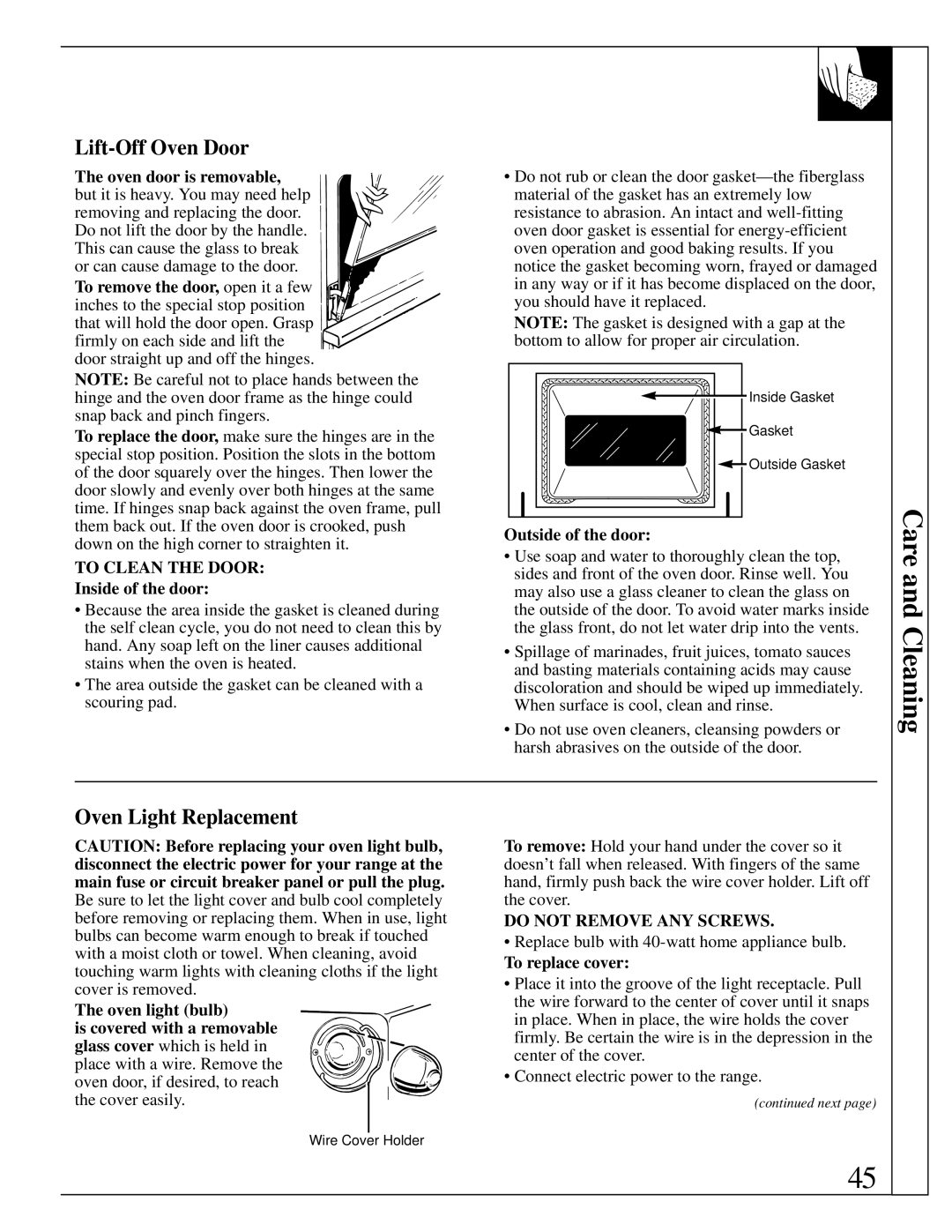 GE JBP95 warranty Care and Cleaning, Lift-Off Oven Door, Oven Light Replacement 