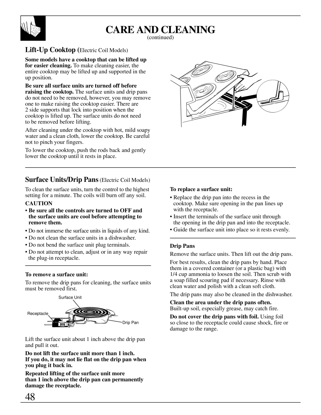 GE JBP95 warranty Surface Units/Drip Pans Electric Coil Models, To remove a surface unit 