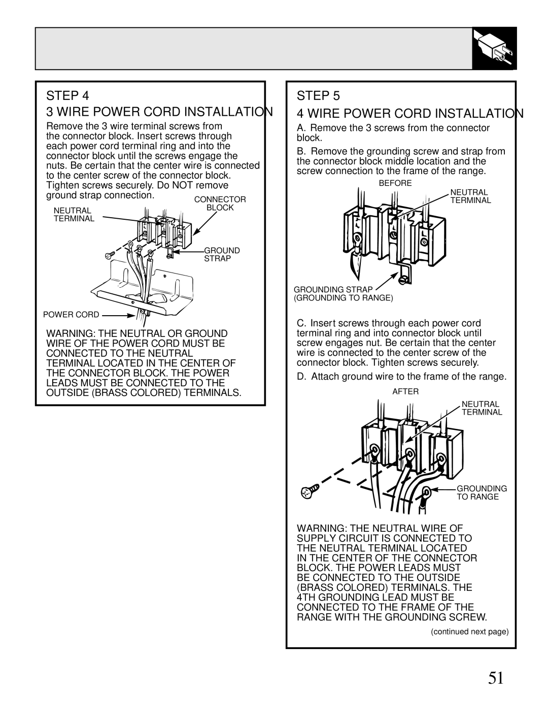 GE JBP95 warranty Step Wire Power Cord Installation 