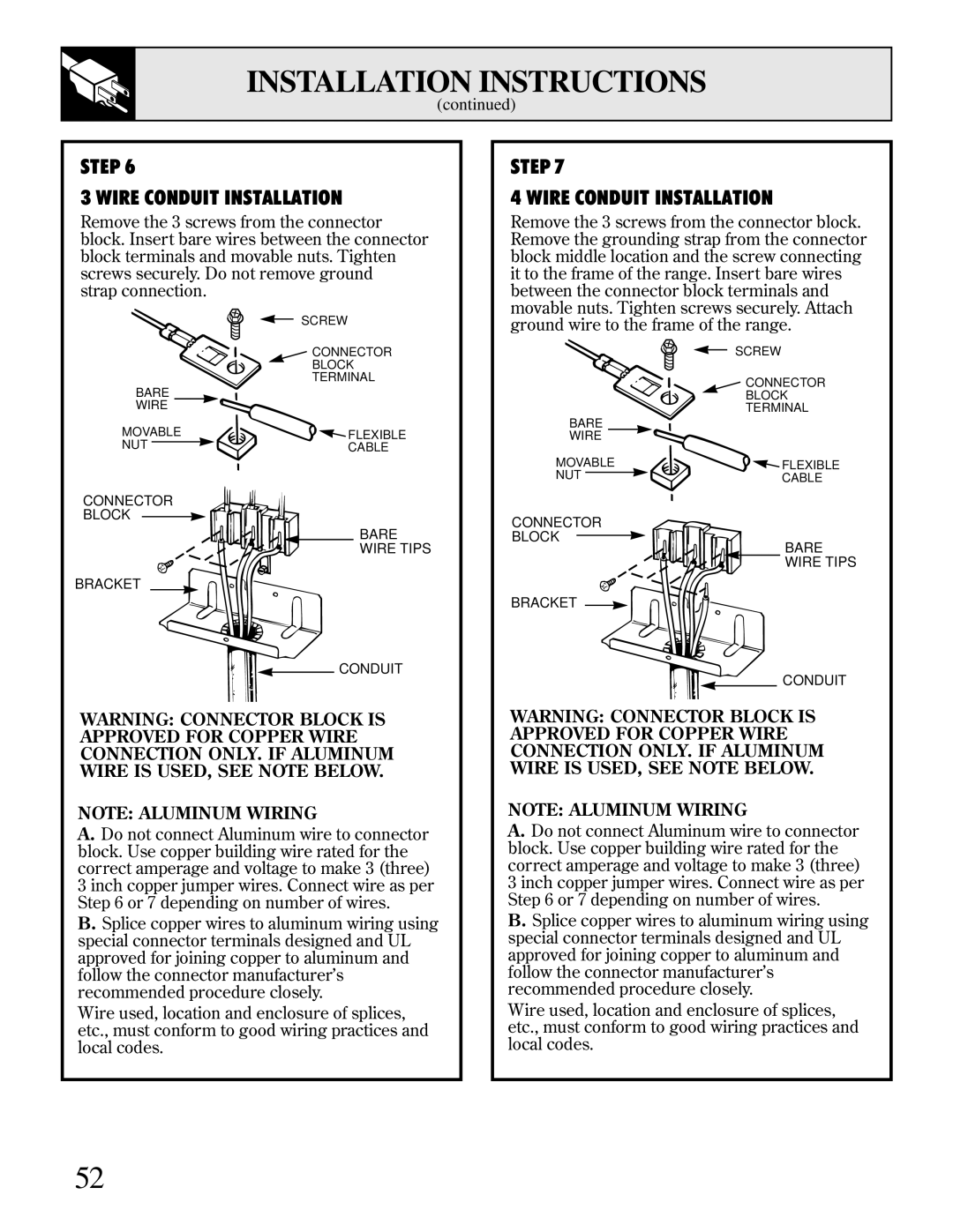 GE JBP95 warranty Step Wire Conduit Installation 