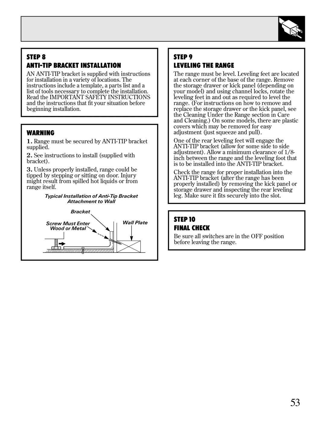 GE JBP95 warranty Step Final Check 