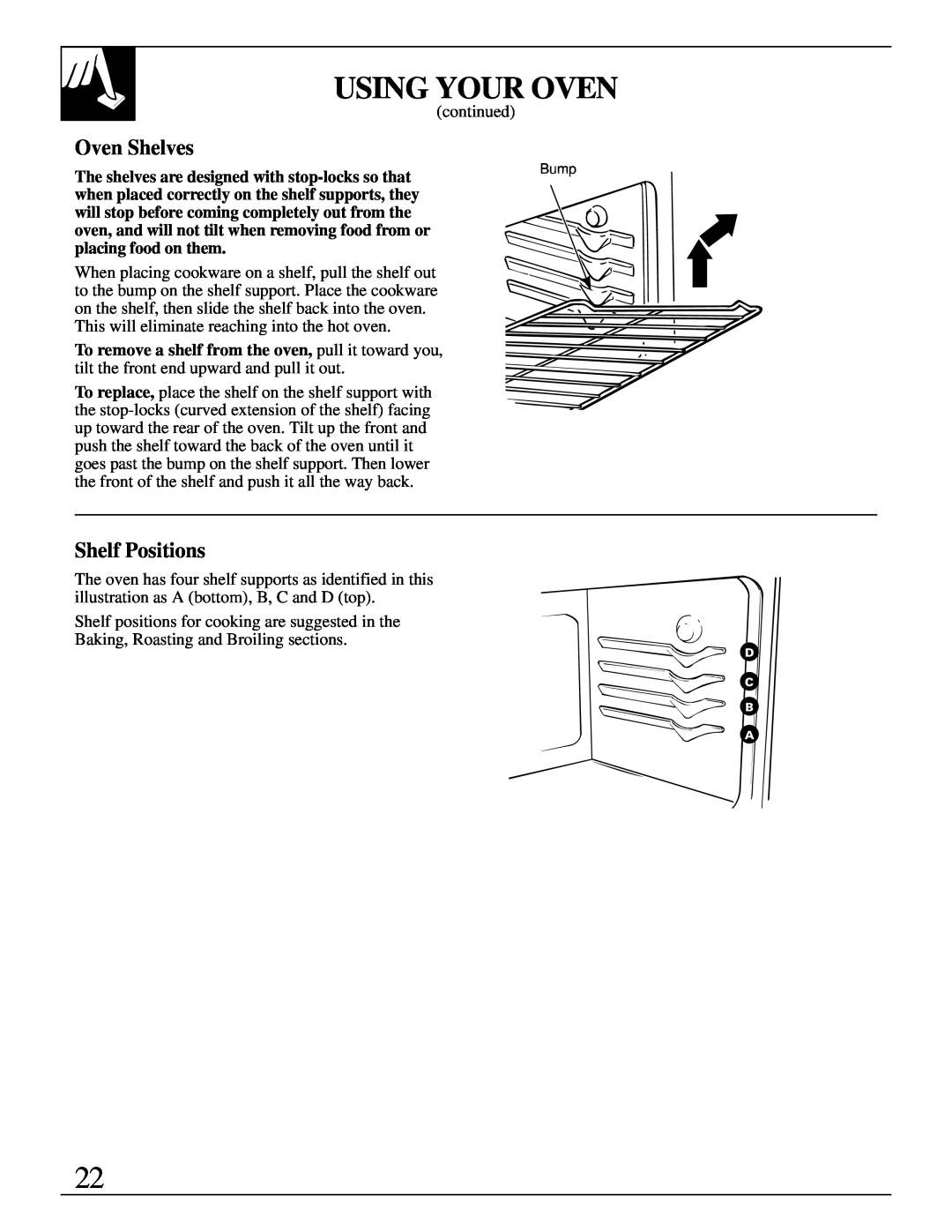 GE JBP95 Oven Shelves, Shelf Positions, Using Your Oven, continued, will stop before coming completely out from the 