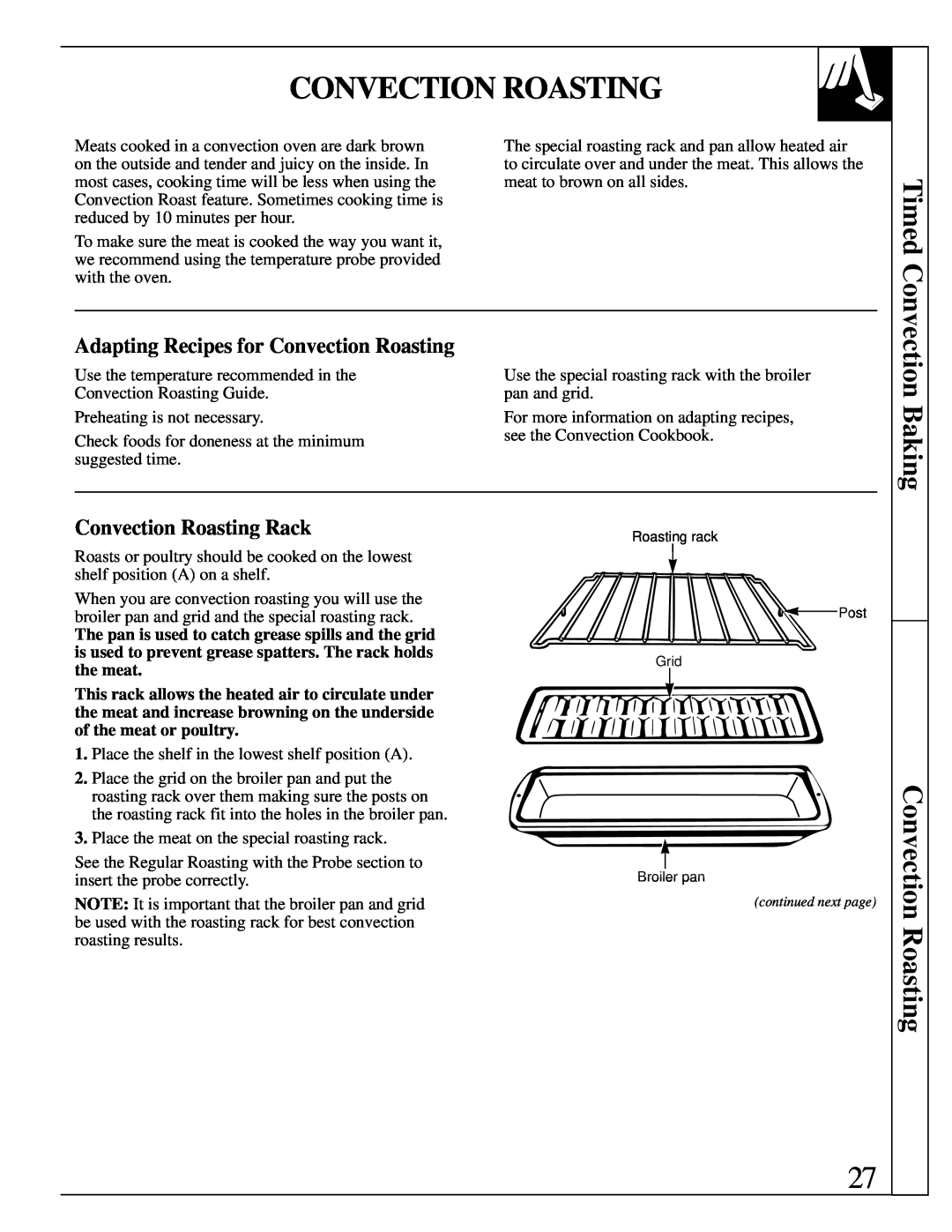 GE JBP95 warranty Baking, Adapting Recipes for Convection Roasting, Convection Roasting Rack 