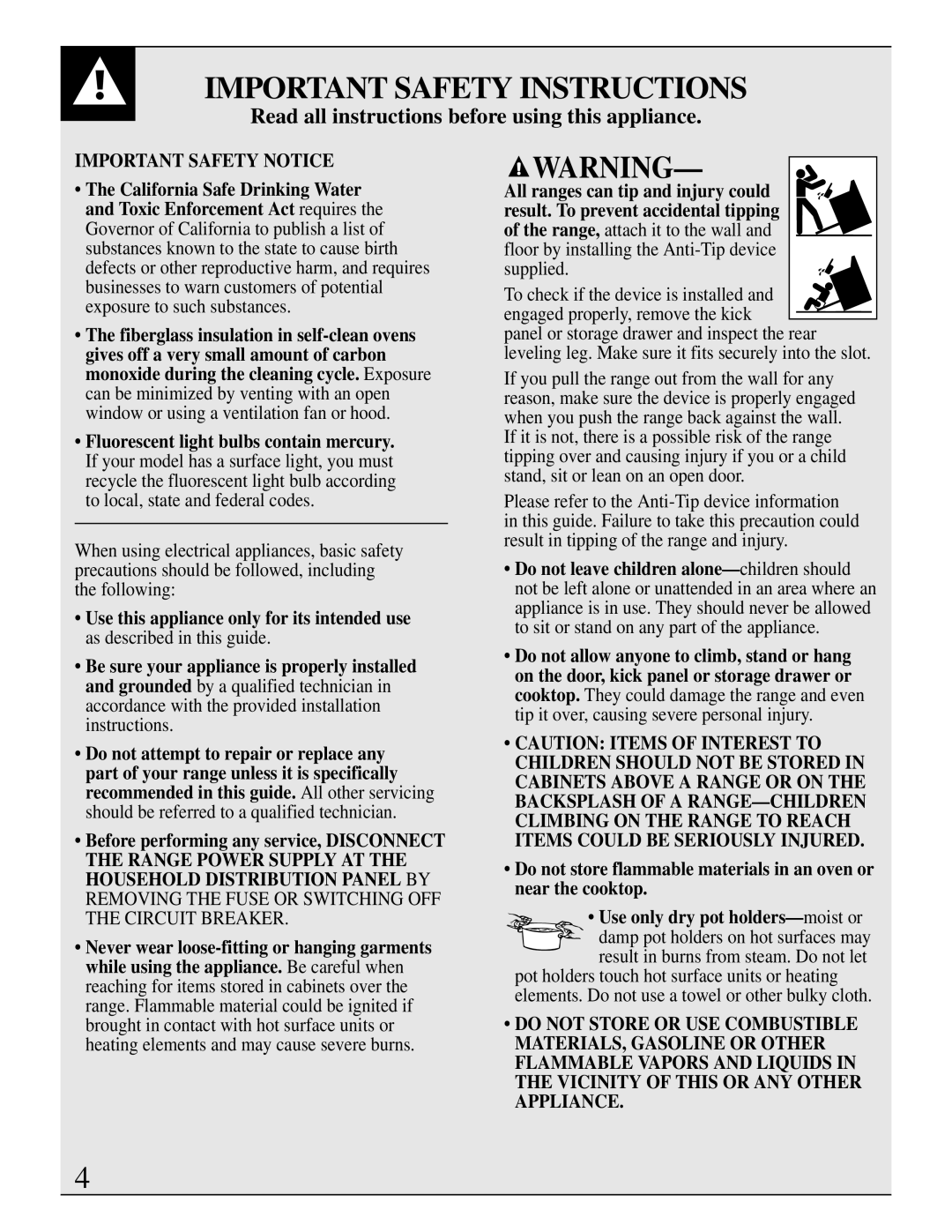 GE JBP95 warranty Important Safety Instructions, Warning, Read all instructions before using this appliance 