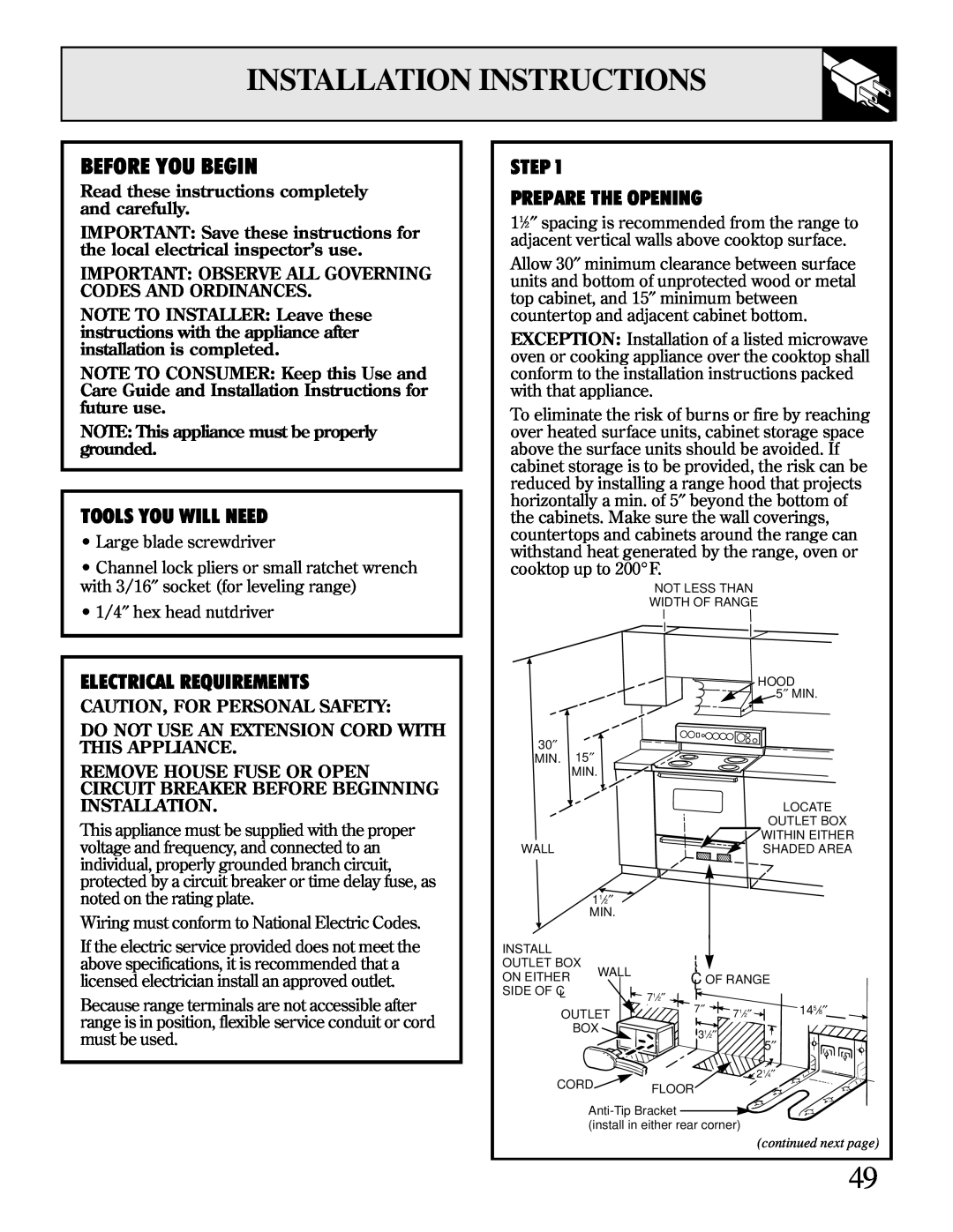 GE JBP95 warranty Installation Instructions, Before You Begin, Tools You Will Need, Electrical Requirements 