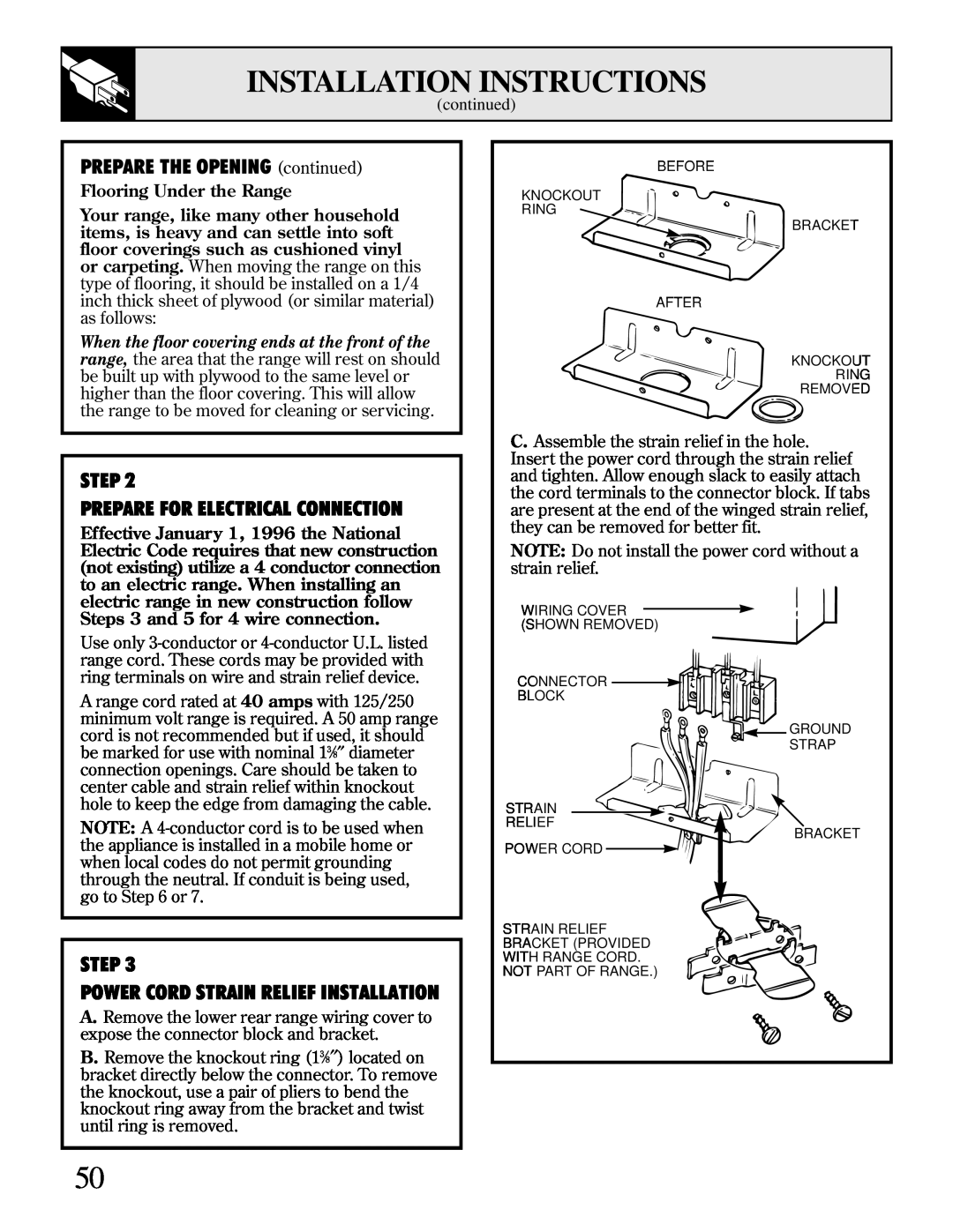 GE JBP95 warranty PREPARE THE OPENING continued, Step, Prepare For Electrical Connection, Installation Instructions 