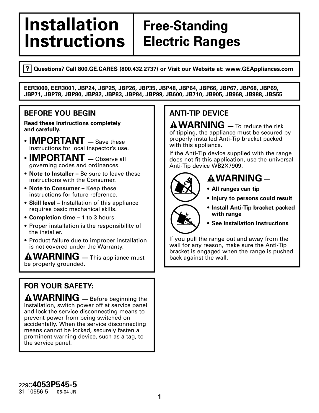 GE JBS55 warranty Before YOU Begin, ANTI-TIP Device, For Your Safety, Read these instructions completely and carefully 