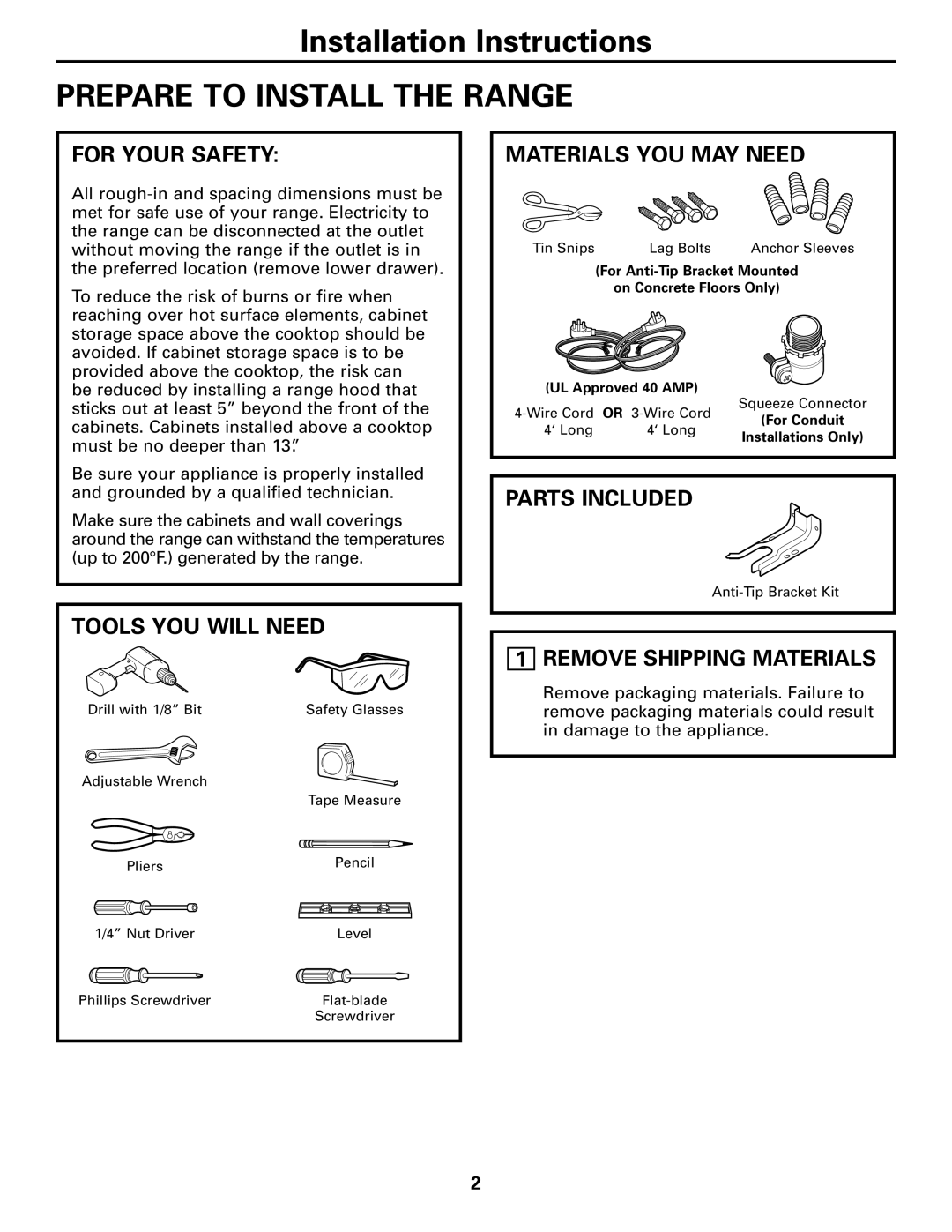 GE JBP99, JBS55 warranty Prepare to Install the Range, Materials YOU MAY Need, Parts Included, Tools YOU will Need 