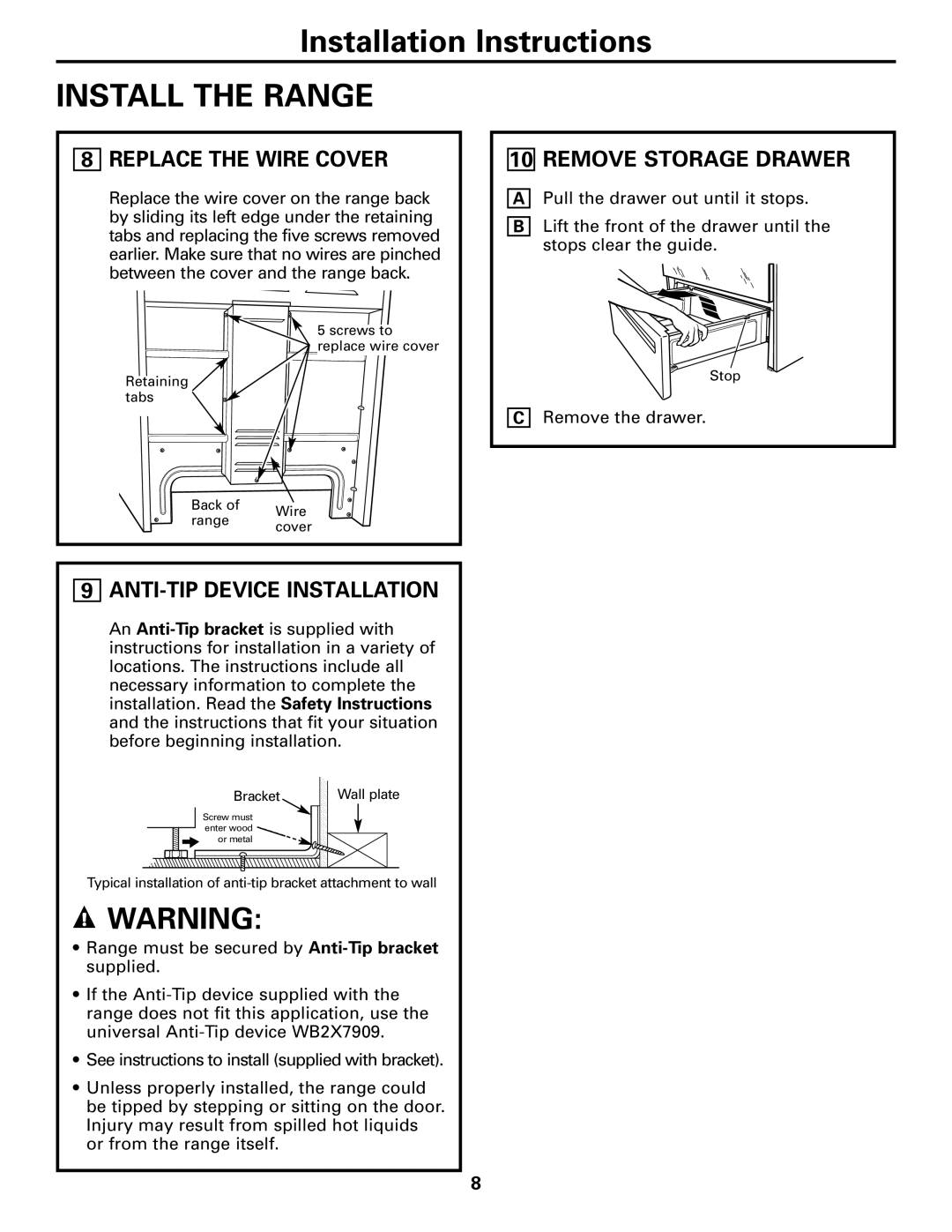 GE JBP99, JBS55 warranty Install the Range, Replace the Wire Cover, Remove Storage Drawer, ANTI-TIP Device Installation 