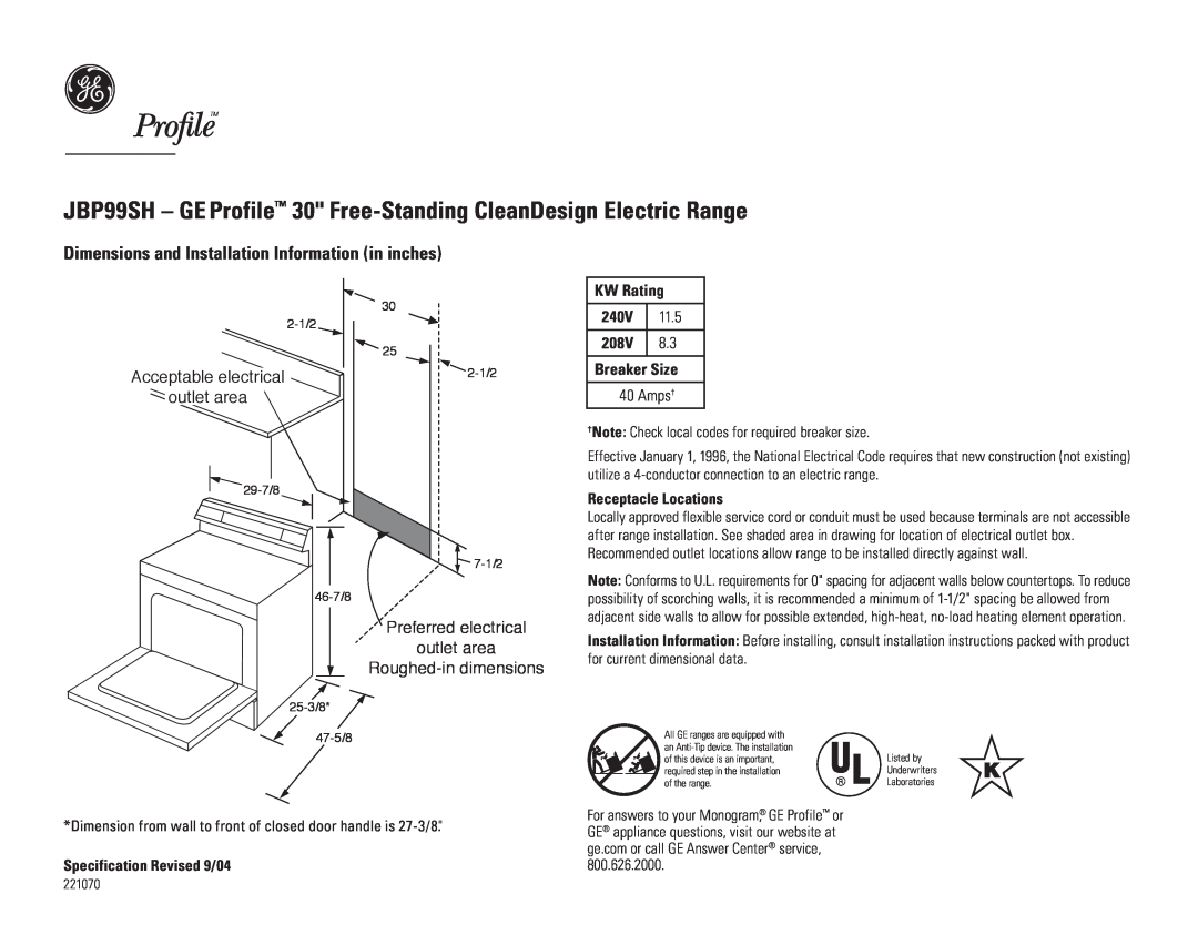 GE 221070 dimensions Dimensions and Installation Information in inches, Acceptable electrical outlet area, KW Rating, 240V 