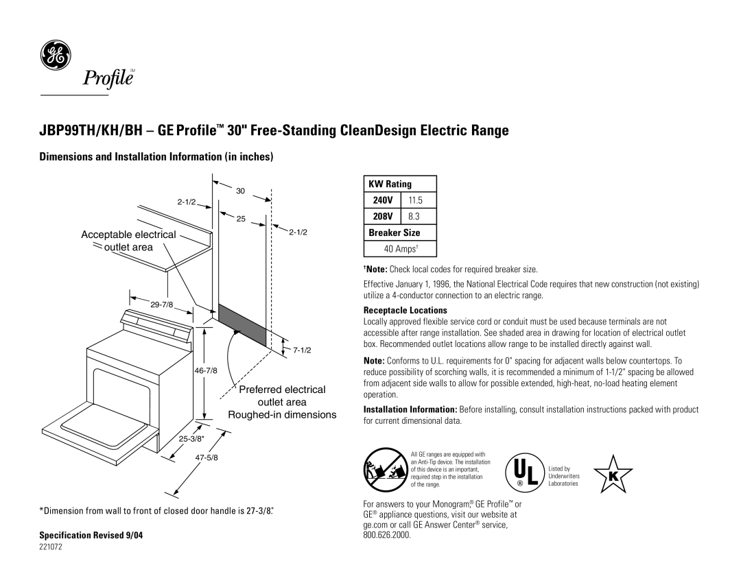 GE JBP99TH dimensions Dimensions and Installation Information in inches, Acceptable electrical Outlet area, KW Rating 