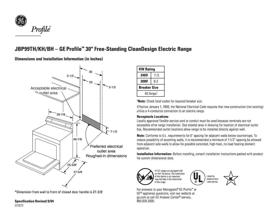 GE JBP99TH dimensions Dimensions and Installation Information in inches, Acceptable electrical outlet area, KW Rating 