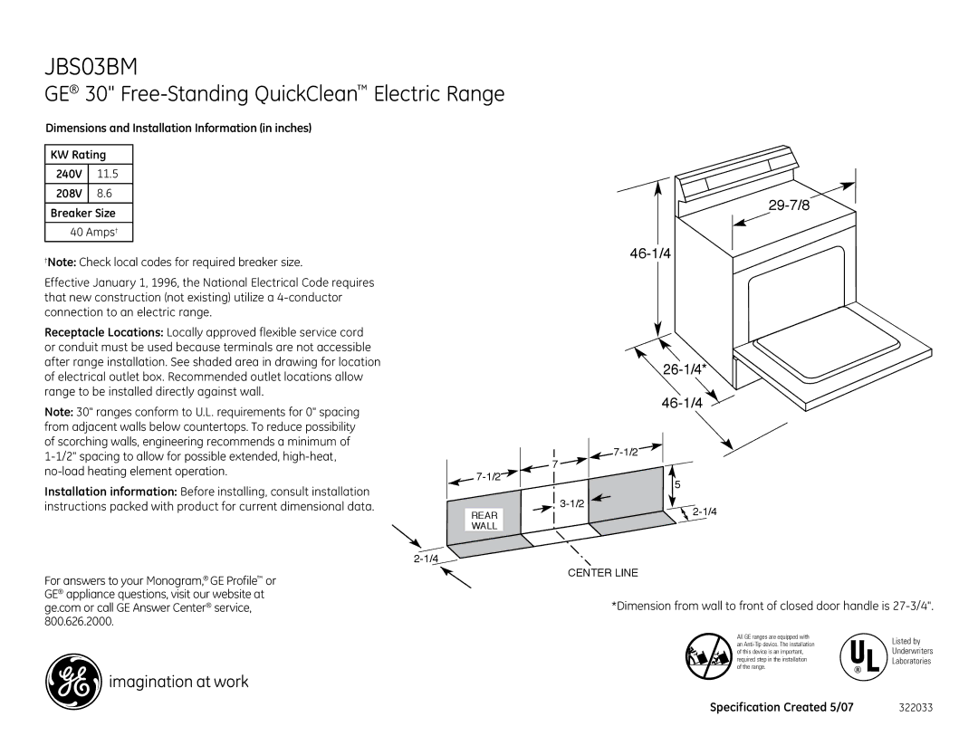 GE JBS03BM installation instructions GE 30 Free-Standing QuickClean Electric Range, 29-7/8 46-1/4 26-1/4, Closed door hand 