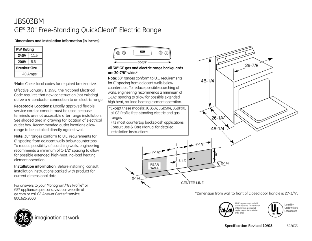 GE JBS03BMCT, JBS03BMWH dimensions GE 30 Free-Standing QuickClean Electric Range, 29-7/8 46-1/4 26-1/4, Dimension from wal 