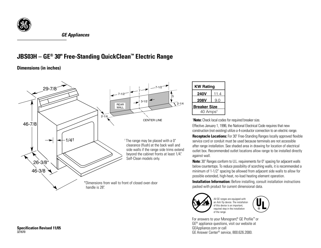 GE dimensions JBS03H GE 30 Free-Standing QuickClean Electric Range, Dimensions in inches, 29-7/8 46-7/8 26-3/8 46-3/8 