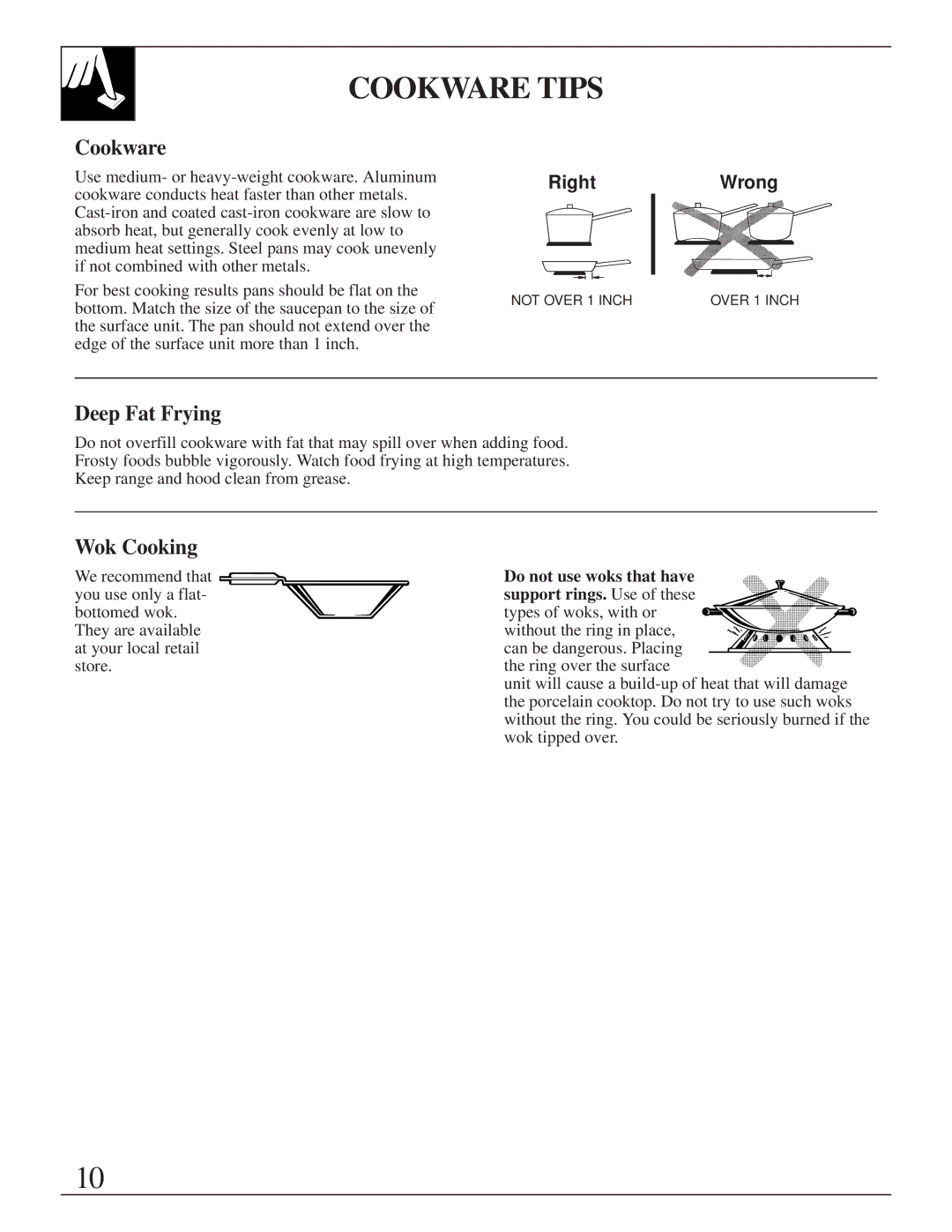 GE JBS05 manual Cookware Tips, Deep Fat Frying, Wok Cooking 