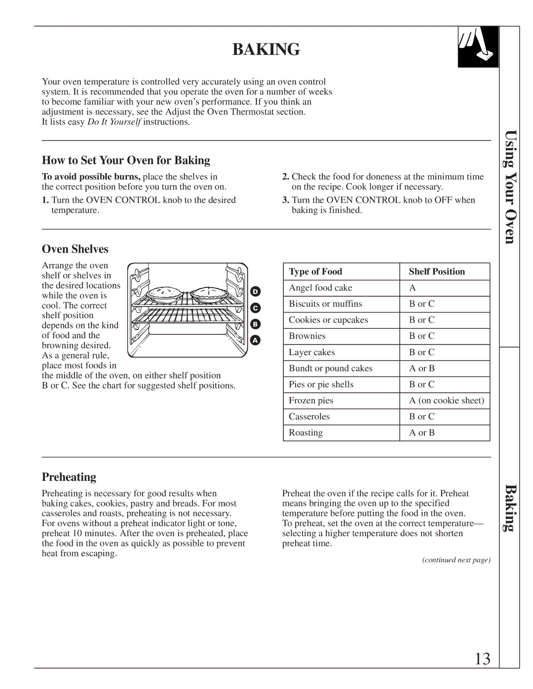 GE JBS05 manual How to Set Your Oven for Baking, Preheating, To avoid possible burns, place the shelves 