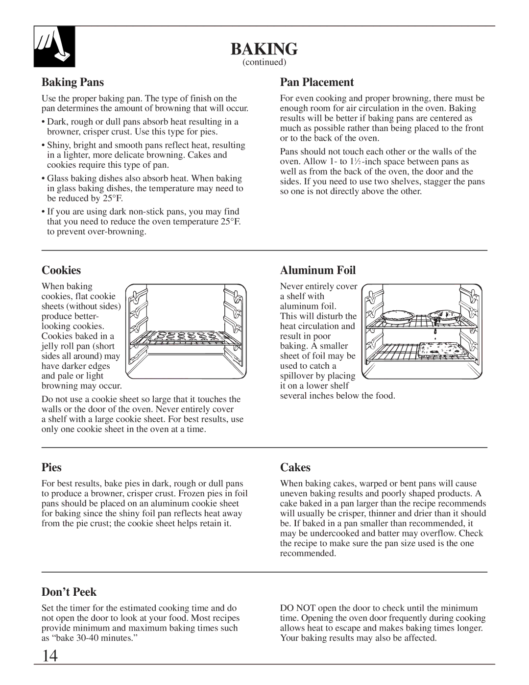 GE JBS05 manual Baking Pans, Pan Placement, Cookies, Aluminum Foil, Pies, Cakes, Don’t Peek 